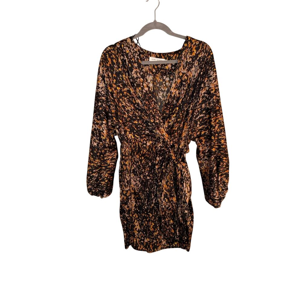 Floret Studios Women’s L Brown Black Abstract Print Wrap Mini Dress Tie Waist